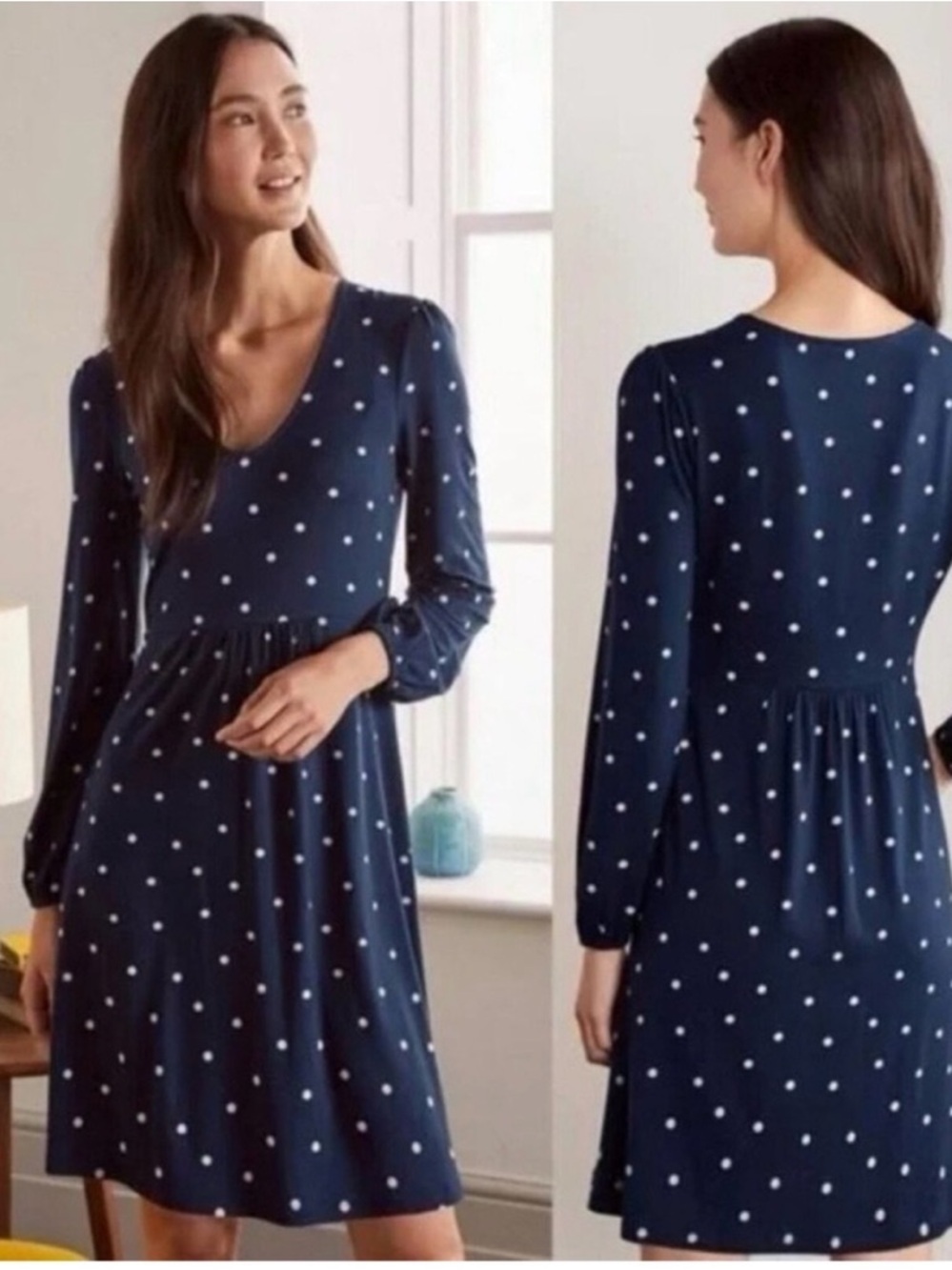 BODEN Hattie Jersey Dress, Navy Blue Polka Dot | Size 6P